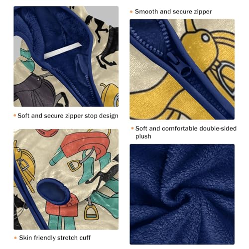 Horse Riding Gear Pattern Toddler Fleece Jacket Girl Boys Hooded Fleece Jacket Coat Warm Outwear Zip-up 3-10T3