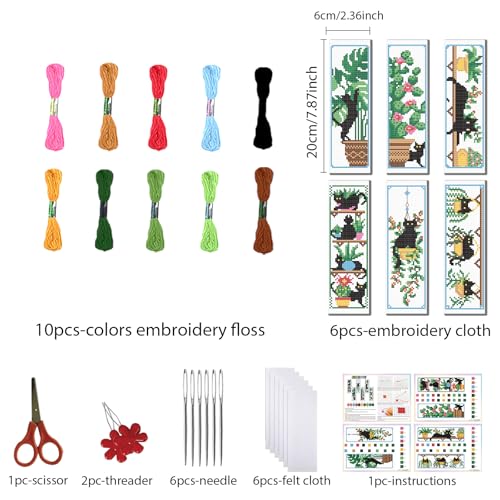 Image of FREEBLOSS 6 Set Cross Stitch Bookmark Kits Cat and Potted Plants Stamped Cross Stitch Kit for Beginners, Printed Embroidery Bookmarks Kit with Instructions for Adults, 8''x2.4''