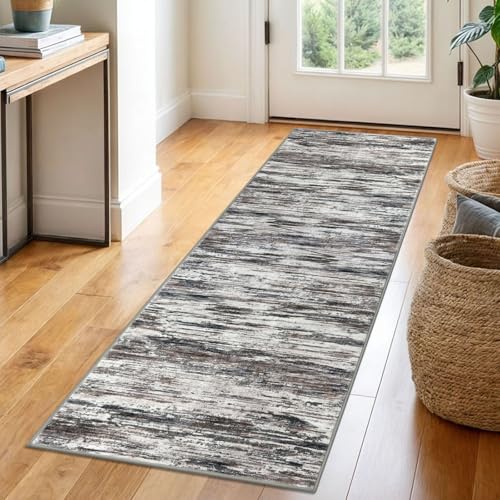 2x6 Grey Brown Modern Abstract Runner Rug for Hallways, Super Soft Hallway Decor Kitchen Rugs with Non-Slip, Non-Shedding Washable Runners for Entryway Bedroom Indoor