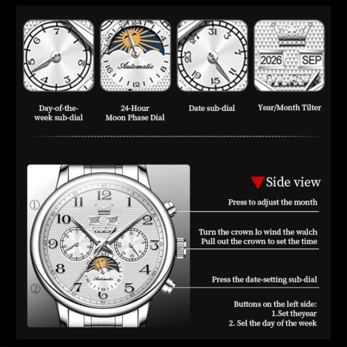 Image of OLEVS Automatic Watches for Men Luxury Skeleton Multi-Function Mechanical Watch Self Winding Date Waterproof Luminous Mens Watch