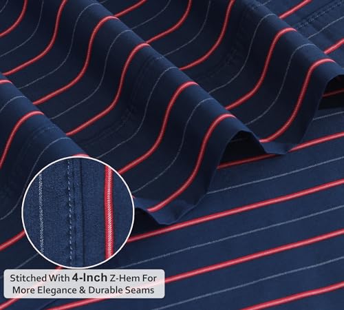 RUVANTI 100% Cotton Sheets Queen Size Set, 4 Pieces, Soft & Breathable Percale Weave Bedding, Deep Pocket 16", Hotel Standard, Crisp Cool Feeling, Durable, Perfect Striped Bed Sheet, Nautical