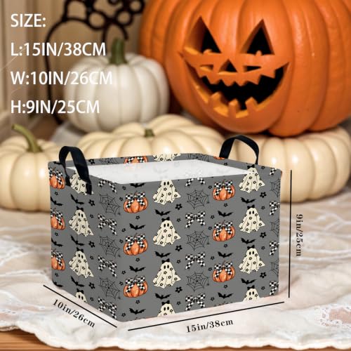 Image of Halloween Basket Gift Cute Pumpkin Ghost Parties Decor Kid Trick or Treat Basket for Boys and Girls Rectangular Storage Bin Box (Black and White Checkered Bow Bat)