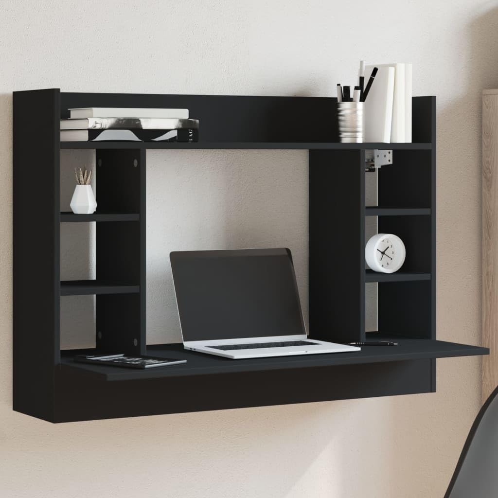 Scrivania a Muro Nera in Legno, Dimensioni 105 x 48 x 75 cm, con vano portaoggetti e ripiano, Ideale per Ufficio e casa. Versatile e salvaspazio.