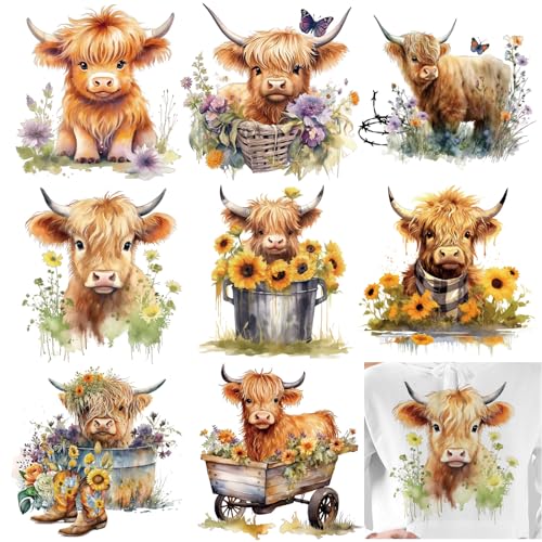 Jarthenaamcs J1205 8 Sheets Highland Cow Iron On Transfer Patches Watercolor Heat Transfer Iron Patches Floral Decorative Heat Transfer Stickers cover