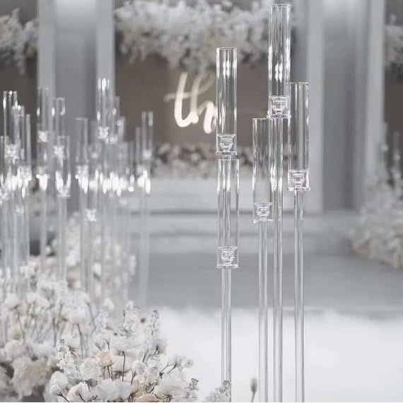 3 Arm Acrylic Candelabra Table Centerpiece Wedding Tall Floor Candle Holder with Shade Pillar Taper Candle Stand for Dining Party Anniversary.