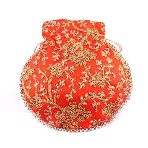 Image of Handcrafted Potli Purse with Golden Floral Embroidery and Pearl Accents