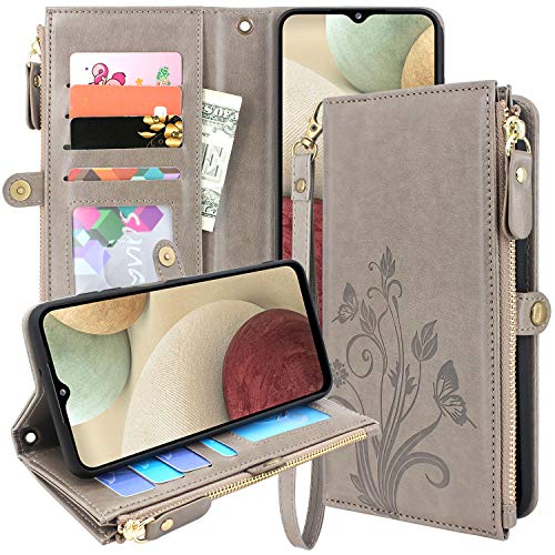 Lacass Premium Leather Flip Zipper Wallet Case Cover Stand Feature with Card Holder and Wrist Strap for Samsung Galaxy A12 (Floral Gray)