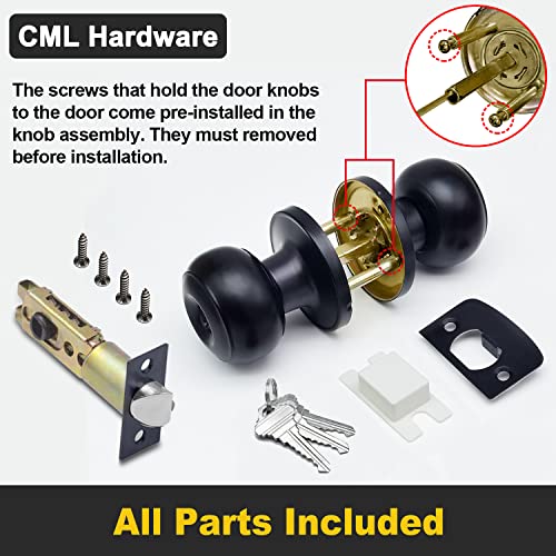 Cml Hardware (4 Pack) Matte Black Entry Door Knobs, Keyed Different Lock Sets, For Front/Back Door, Round Ball Handle #TOP6