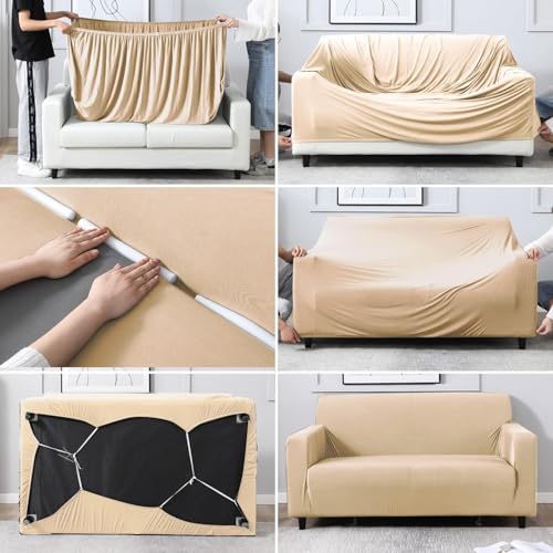 Image of HOKIPO 4 Seater Sofa Cover Elastic Stretchable Slipcover, Beige (NEW-4280-E23)