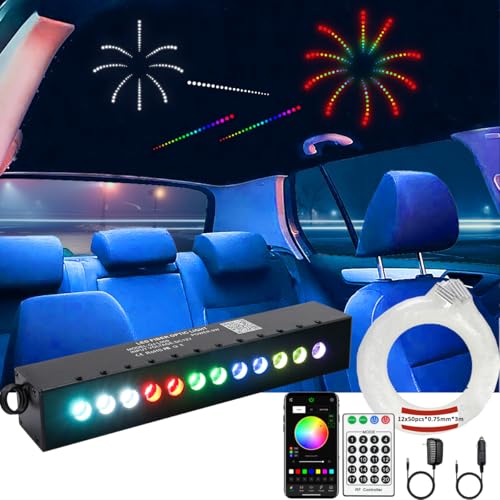 Image of AZIMOM RGB 12LED Meteor Shooting Star Kits 600pcs 0.03in 9.8ft Colorful Shooting Star Fiber Optic Starlight Meteor Kits for Car Home Roof Ceiling