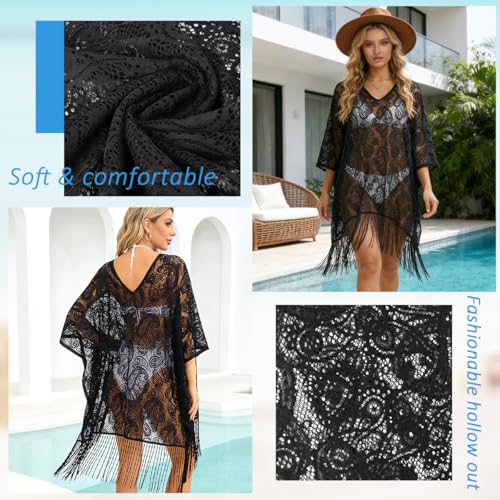 Image of SANNIDHI Women's Lace Beach Cover Up Embroidered Swimsuit Coverups Full Sleeve Boho Sheer Bathing Suit Swim Dress for Poolside, Seaside and Party