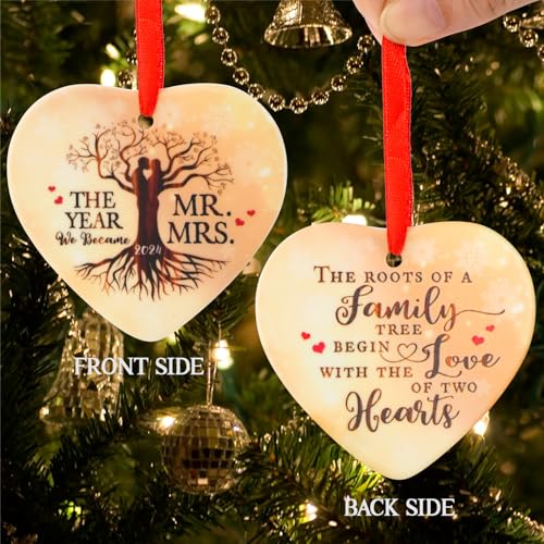 Image of Wedding Ornament 2024 - Handcrafted Heart Ceramic First Anniversary Keepsake - Romantic Mr. & Mrs. Ornament for Couples - First Christmas Married Gift - 2024 Holiday Home Decor
