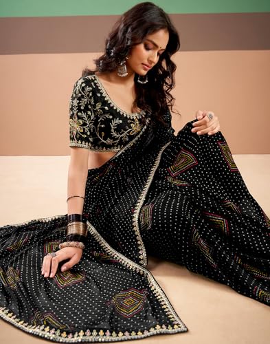 Image of SIRIL Women's Georgette Bandhani Printed, Embroidery Lace Saree With Unstitched Blouse Piece
