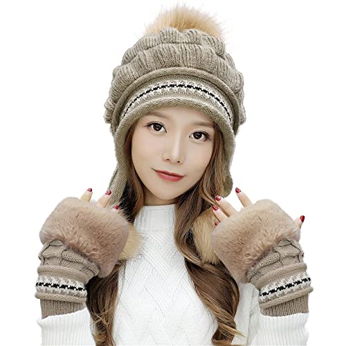 Bellady Women Knit Beanie Winter Ski Hat Cap with Earflap Pom Glove Set,Khaki