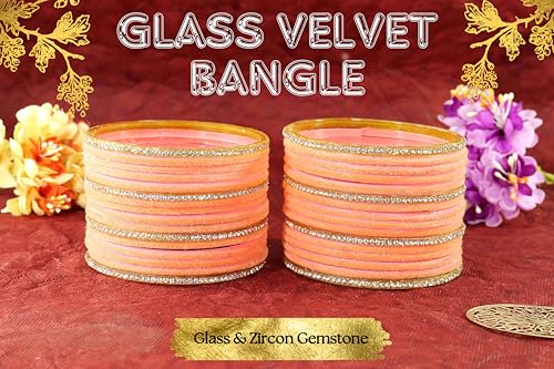 Image of NMII Fancy Glass Golden Zircon Diamond Stone & Velvet Finish Plain Bangles Set For Women & Girls | Glass Velvet Bangles | Kanch ki Chudiyan | Girl's Bangles Bracelet | Fashion Jewellery- Set of 32
