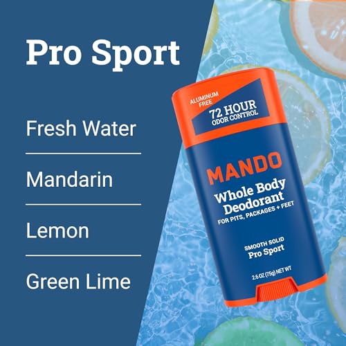 mando whole body deodorant for men - smooth solid stick - 72 hour odor control - aluminum free baking soda free skin safe - 26 ounce pack of 2 - pro sport