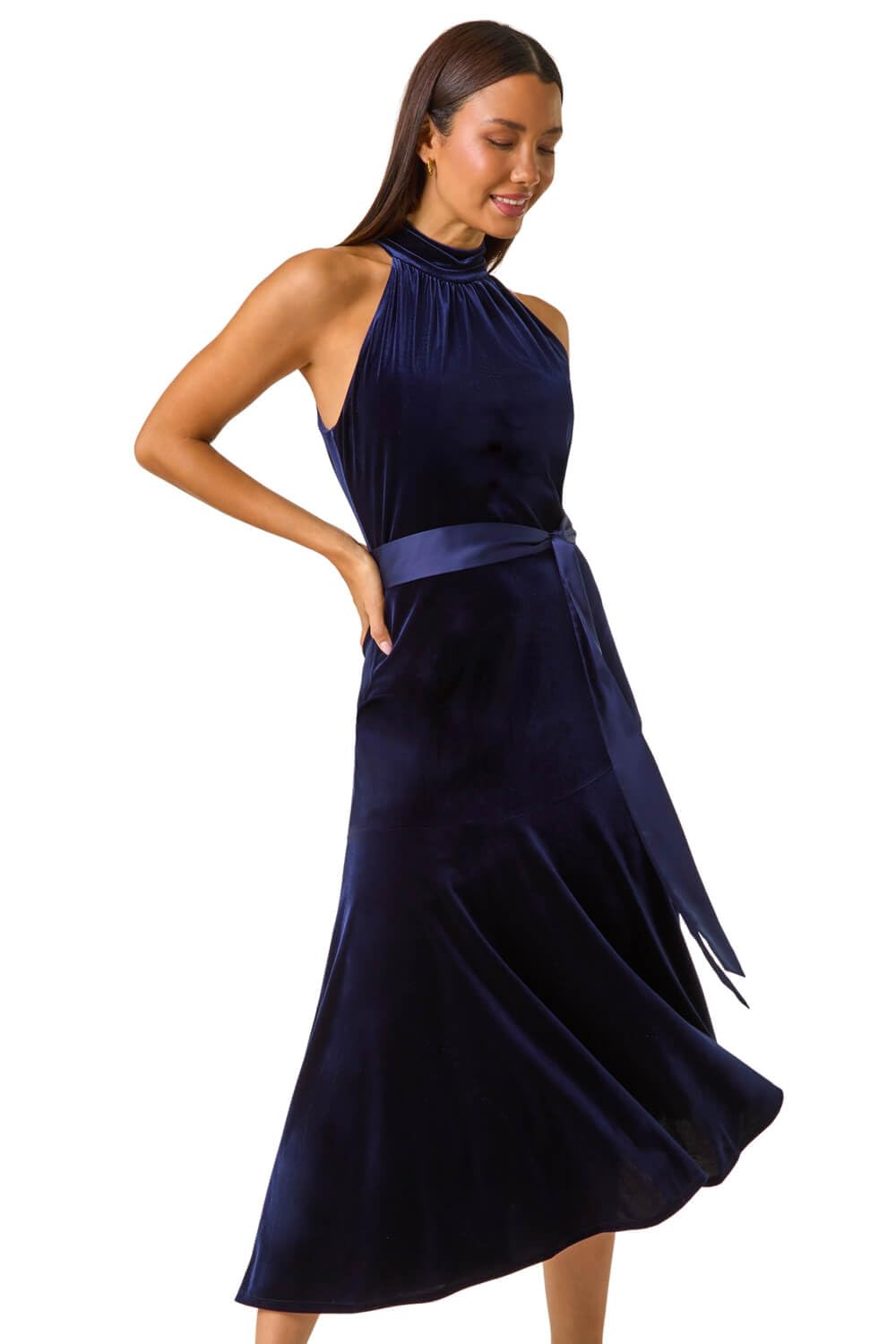 Roman Originals Navy Velvet Halter Neck Ruffle Hem Midi Dress For Women Uk - Ladies Everyday Autumn Winter Comfy Soft Evening Vacation Work Party Night Out - - Size 16