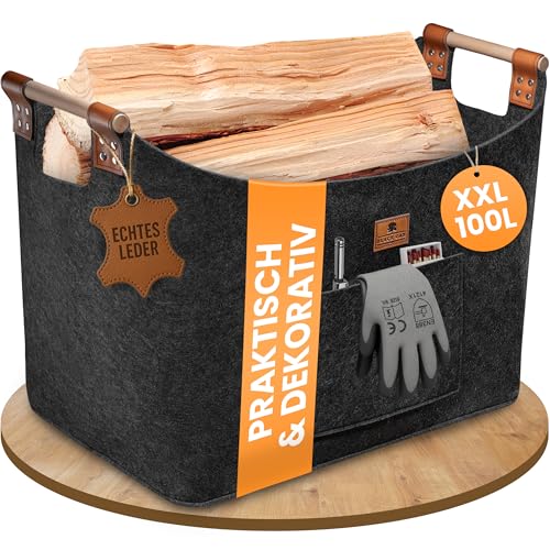 BLACK OAK Montana XXL 100L Filzkorb & Holzkorb für Kaminholz - Echt-Leder Applikation + breite Griffe + Fronttasche extra groß - Filz Tasche Korb für Holz faltbar Transport & Aufbewahrung anthrazit