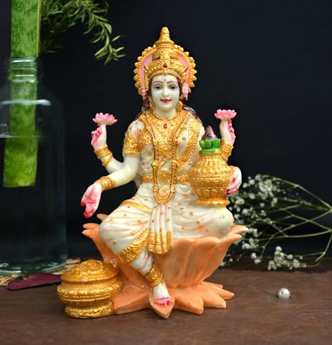 Image of Marble Dust Laxmi Ji Sculpture for Pooja Room I Desk Organizer Spiritual God Idols for Decorative Showpiece Hindu Goddess Diwali Gifts Home Decor (7 X 4.5) inch