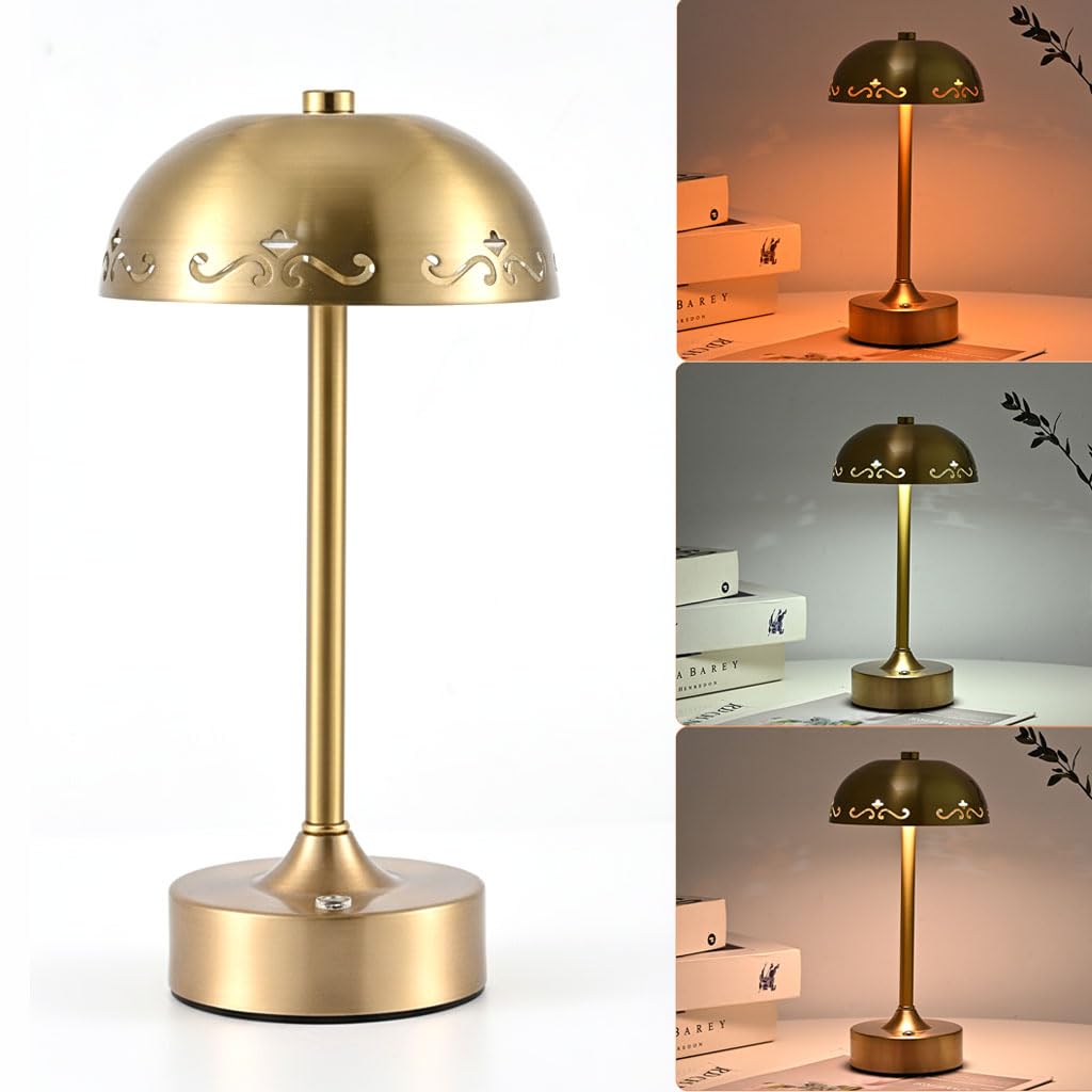 EaEa LED Kabellose Tischlampe Akku, USB Aufladbar Tischleuchte Kabellos 3 Farbtemperatur, Touch Nachttischlampe Dimmbar, Metall Leselampe mit Batterie für Schlafzimmer Restaurant Wohnzimmer,Gold