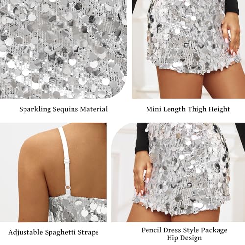 Image of Waist Wow Sequin Dress for Women Spaghetti Strap Sexy Dresses Glitter Sparkly Mini Dress