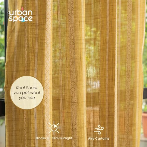 Image of Urban Space Aari Collection Weaved Sheer Curtains for Door 7 Ft Long, 40-50% Light Filtering Textured Curtains with Eyelets and Tieback, Set of 2 Decorative Curtains (Vertical Soft Brown, 7 Feet)
