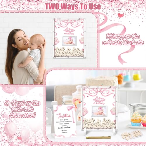 Image of Beeveer 65 Pcs Pink Bow Baby Shower Guest Book Alternatives Coquette Baby Shower Sign in Guest Book Decoration Pink Bow Decorations with Photo Frame and 60 Wood Heart Slices Keepsakes Gifts for Guests