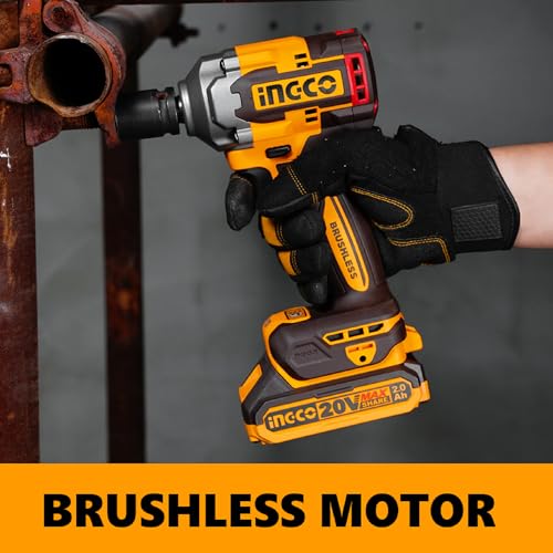 Image of Ingco 20V Cordless Impact Wrench 1 /2 Inch 400NM, Brushless Motor, Nut-Busting Torque 550Nm, 20V Battery Impact Gun, LED Work Light with 2 Pcs 2.0Ah Battery Pack And Charger, Packed by Carrying Case