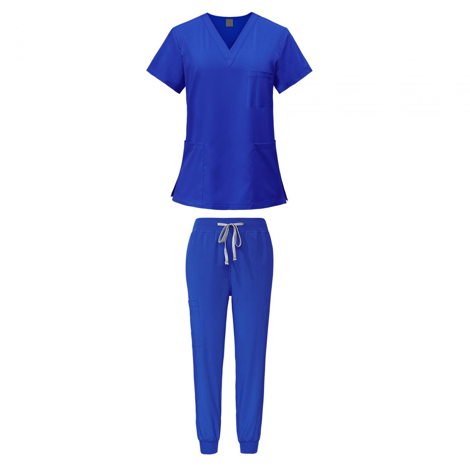 LOVIVER Female Scrub Set Nurse Workwear V Neckline Professional Machine Washable Top and Joggers Pant Work Clothing for Beauty Center, Royal Blue, M