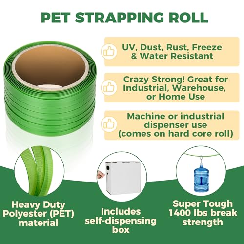 Heavy Duty Strapping Roll for Packaging & Banding - Green Polyester PET Industrial-Grade, 500 ft x 5/8" x 0.035" Pallet Strap Coil 1400 lbs Break Strength, Rust-Resistant with Self Dispensing Box Kit by Storage Standard - Image 3