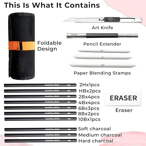 Image of DaKos 27 Pieces Professional Sketching & Drawing Art Tool Kit - Drawing Pencil Set, Shading Pencil Set for Artists, Perfect Sketching Kit of Charcol Pencil with Rolling Pouch (MFP1229)