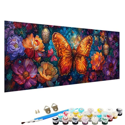 Cuadros para Pintar por Numeros Adultos y Niños, Mariposa Cuadro al óleo Kit de Pintura al óleo de Lienzo Pintar Numeros Adultos DIY con Pinceles y Pigmento, 40x80cm Flor, Pintura Numeros 2 3 6