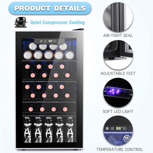 Image of Antarctic Star 26 Bottle 130 Can Wine Cooler /Cabinet Refrigerator Mini Wine Cellar Beer Soda Clear Glass Door Bar Fridge Quiet Compressor Adjust Temp Freestanding Indoor Use 3.1cu.ft Black