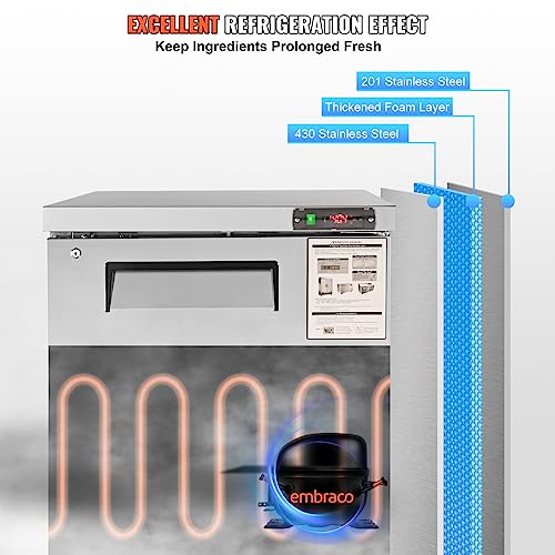 Image of VEVOR 28 inch W Commercial Refrigerator, Undercounter Worktop Refrigerator, 7.4 Cu. Ft Thick Stainless Steel Refrigerated Food Prep Station Fan Cooling Single Door Worktop Fridge with lock for Bar