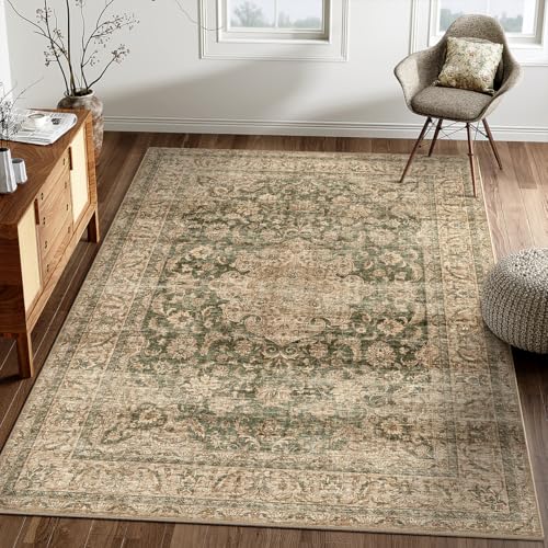 4x6 Washable Green Vintage Area Rug for Entryway Non-Slip Low Pile Traditional Carpet Retro Distressed Soft Thin Accent Throw Rug for Office Kitchen Bathroom Door Mat Indoor Dining Room