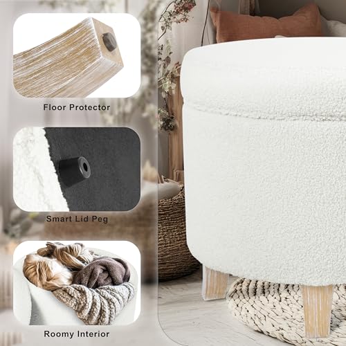Image of HomePop Round Transitional Faux Sheepskin Fabric Storage Ottoman Home Decor|Upholstered Round Foot Rest Ottoman- Light Cream Large