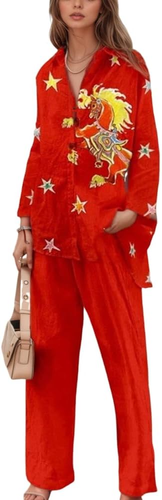 Womens Fall Grpahic Printed Long Sleeve 2 Piece Pajamas Outfits Matching Drawstring Waist Pants and Button Down Shirts