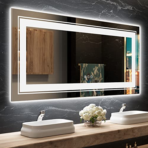LED Bathroom Mirror, 60"X28" with Front and Backlit, Anti-Fog, Large Bathroom Vanity Mirror for Wall, Memory Function, Stepless Dimmable, Tempered Glass (Horizontal/Vertical)