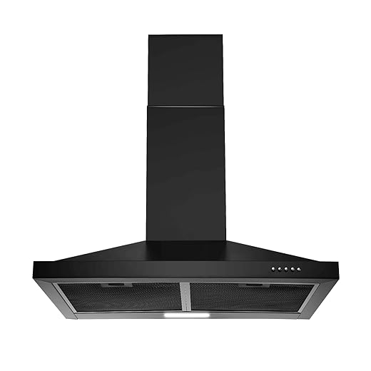 SNDOAS 24 inch Range Hood Black Range Hood, Ductless Range Hood with Energy Saving LED Light,Wall Mount Kitchen Hood,Over Stove Vent,Stainless Steel Chimney-Style Range Hood,Black Vent Hood