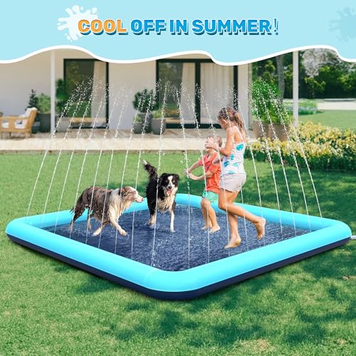 Image of 76 inch x 76 inch Square Splash Pad for Kids & Dogs, Non-Slip Sprinkler Pool, Shallow Water Play Mat for Toddlers, Outdoor Backyard Water Toys, Teal