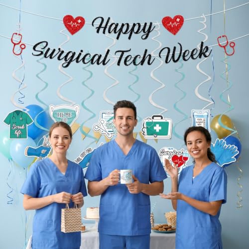 Image of 12PCS Happy Surgical Tech Week Banner Hanging Swirls Decorations | surgical tech week decor set, 2 banners 10 hanging swirls, theme, easy hanging, medical appreciation party supplies