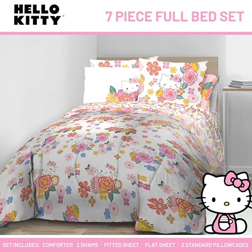 Image of Sanrio Hello Kitty Full Comforter Set 7 Piece Floral Bedding, Multi | Bed in a Bag, Comforter Sheets Shams Pillowcases, Official Product, Soft Microfiber, Machine Washable, Girls Gift