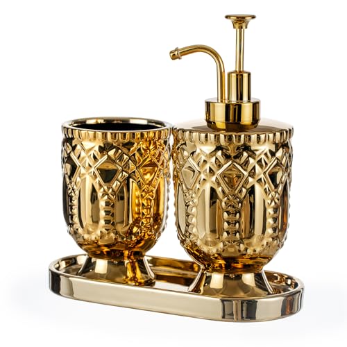 Gold Bathroom Accessories, 3pcs Ceramic Bathroom Set with Toothbrush Holder,Soap