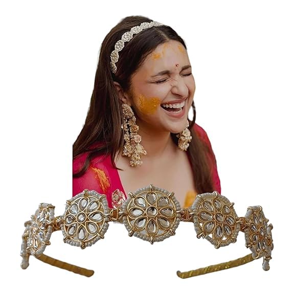 Fantastic USA Floral Kundan Studded Matha Patti Sheesh Patti Wedding Hairband Traditional Golden Celebrity Headband Hair accessory Jewellery for Women and Girls