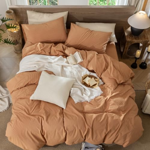Image of MooMee Striped Duvet Cover Set 100% Washed Cotton Linen Like King | Relaxed Linen-like Texture. Soft, Breathable & Long-lasting Comfort. Lightweight. Hidden Zipper with 8 Interior Corner Ties