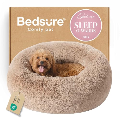 Bedsure Calming Dog Bed for Small Medium Dogs - Donut Washable Medium Puppy Bed, 27 inches Anti-Slip Round Fluffy Plush Faux Fur Pet Bed, Camel