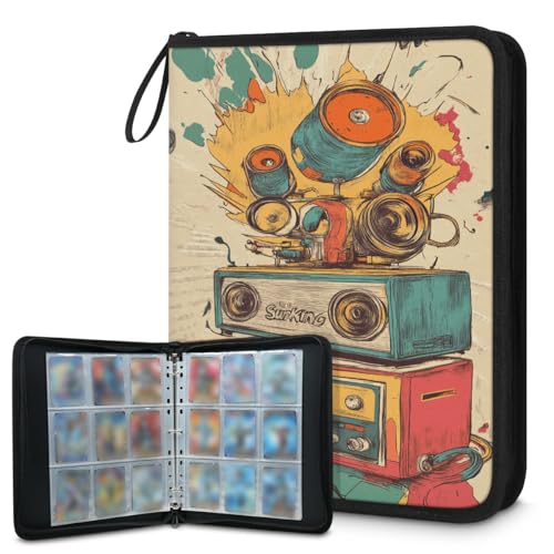 Kuquteed Colorful Speaker Trading Card Binder 4 Pocket 400 Cards Holder Collector Album with 50 Removable Sleeves Toys Gifts for Boys Girls Abstract Drum Game Sports Cards
