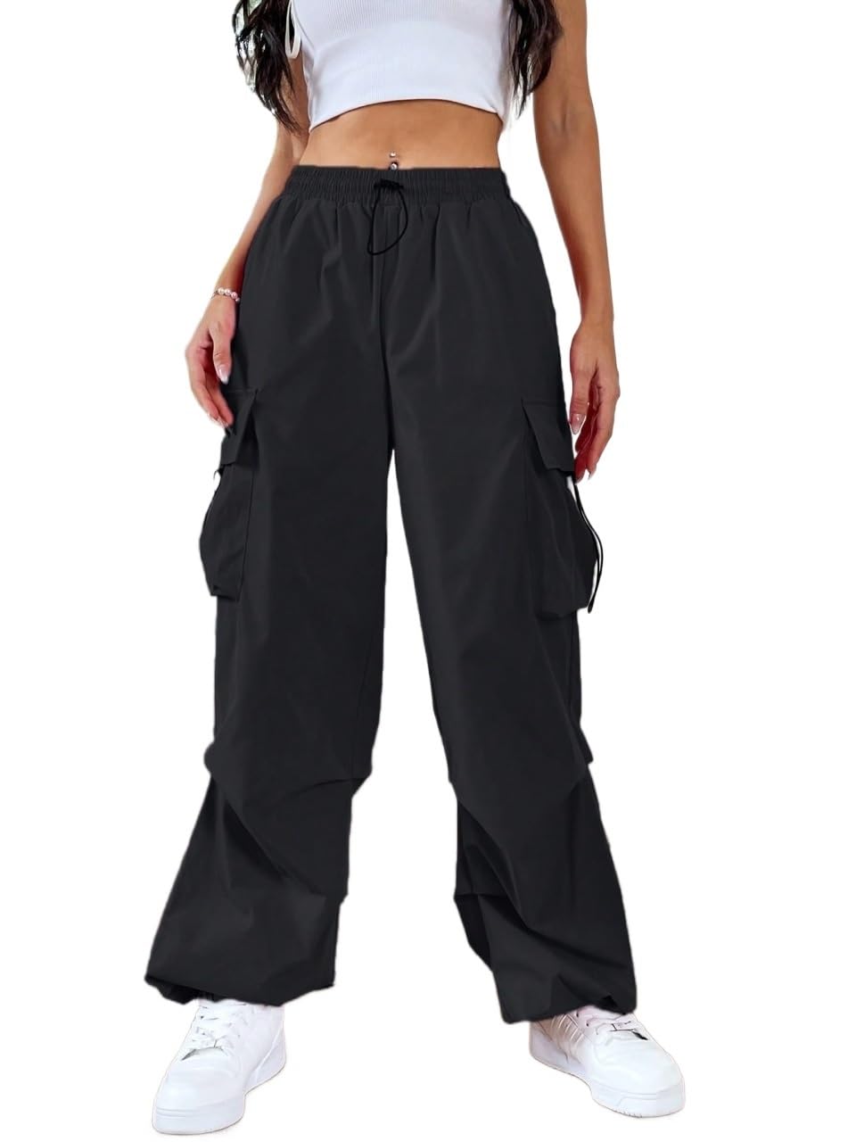 Womens Fall Pocket Side Drawstring Waist Pants Trousers Black