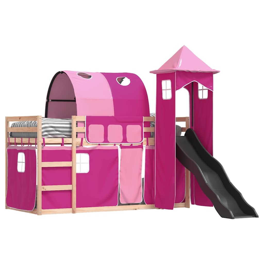 Hochbett mit Rutsche und Vorhängen Rosa 80x200 cm - Kinderbett aus Kiefer-Massivholz mit Leiter Turm Tunnel und Rausfallschutz - Spielbett für Kinderzimmer
