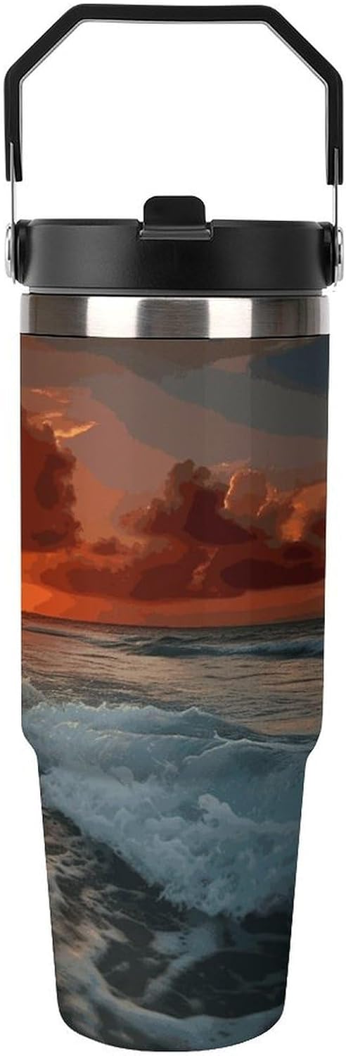 The Beach Sunset Water Bottle 30 Oz Fits Car Cup Holder,Insulated Coffee Mug Large Capacity Car Cups,Stainless Steel Double Wall Sport Bottle for Travel Sports Gym